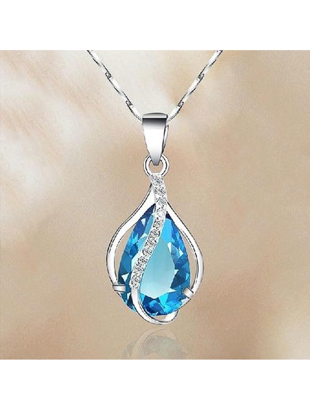 Romantic Blue Teardrop Pendant Necklace - Silvertone B65 - Picture 6 of 7